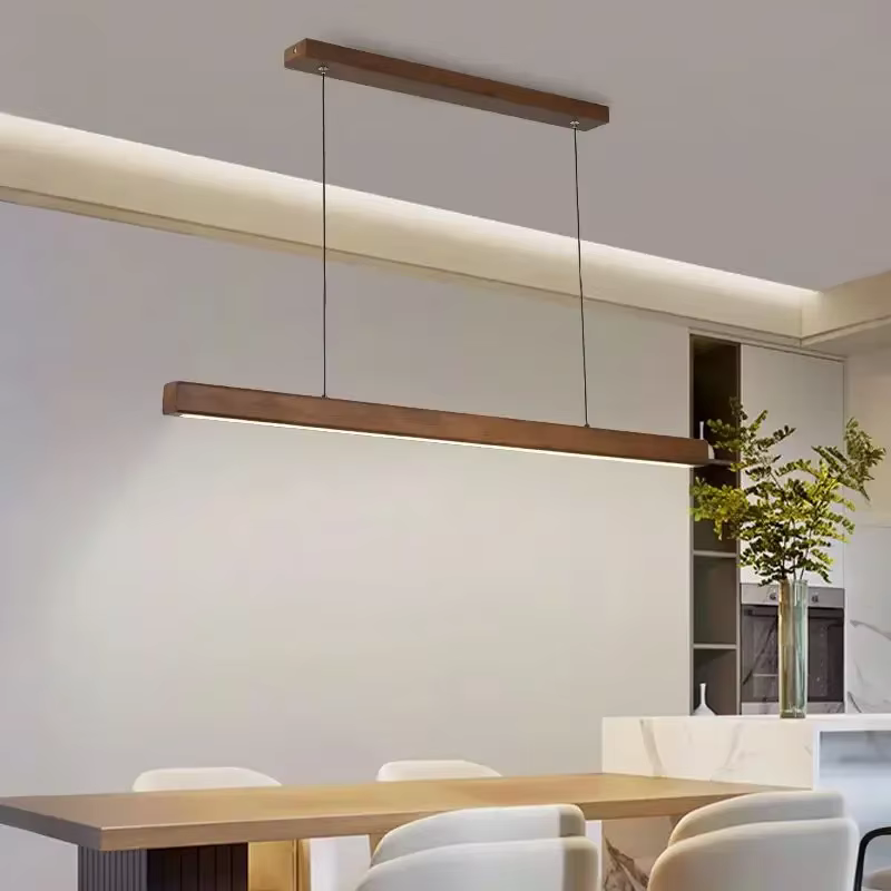Lampe Suspendue Linéaire en Bois à Longue Bande, Luminaire Décoratif d'Nik, Idéal pour une Salle à M