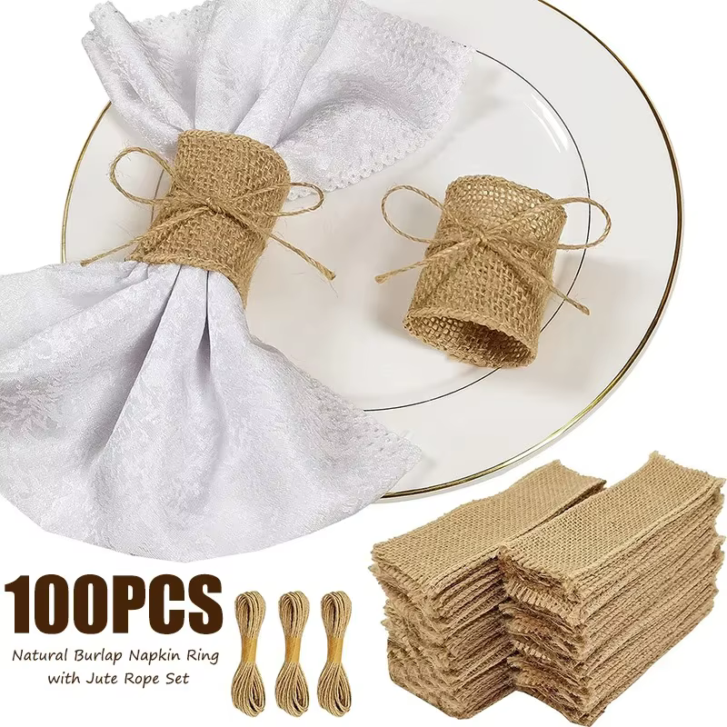 Anneau de serviette en toile de Jute naturelle, 100 pièces, ensemble de cordes de Jute, bande de ser