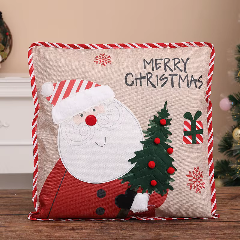 Housse de coussin carrée en Polyester et lin, taie d'oreiller en Patchwork de dessin animé de noël, 