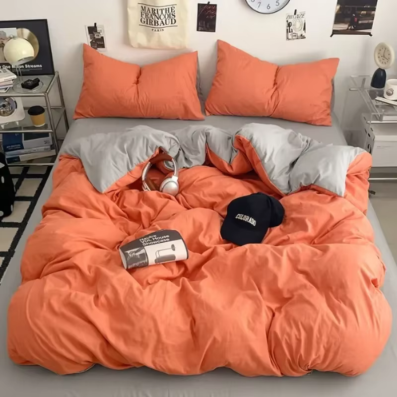 Parure de lit quatre pièces en coton lavé uni, simple, pour dortoir étudiant, idéale pour dormir nue