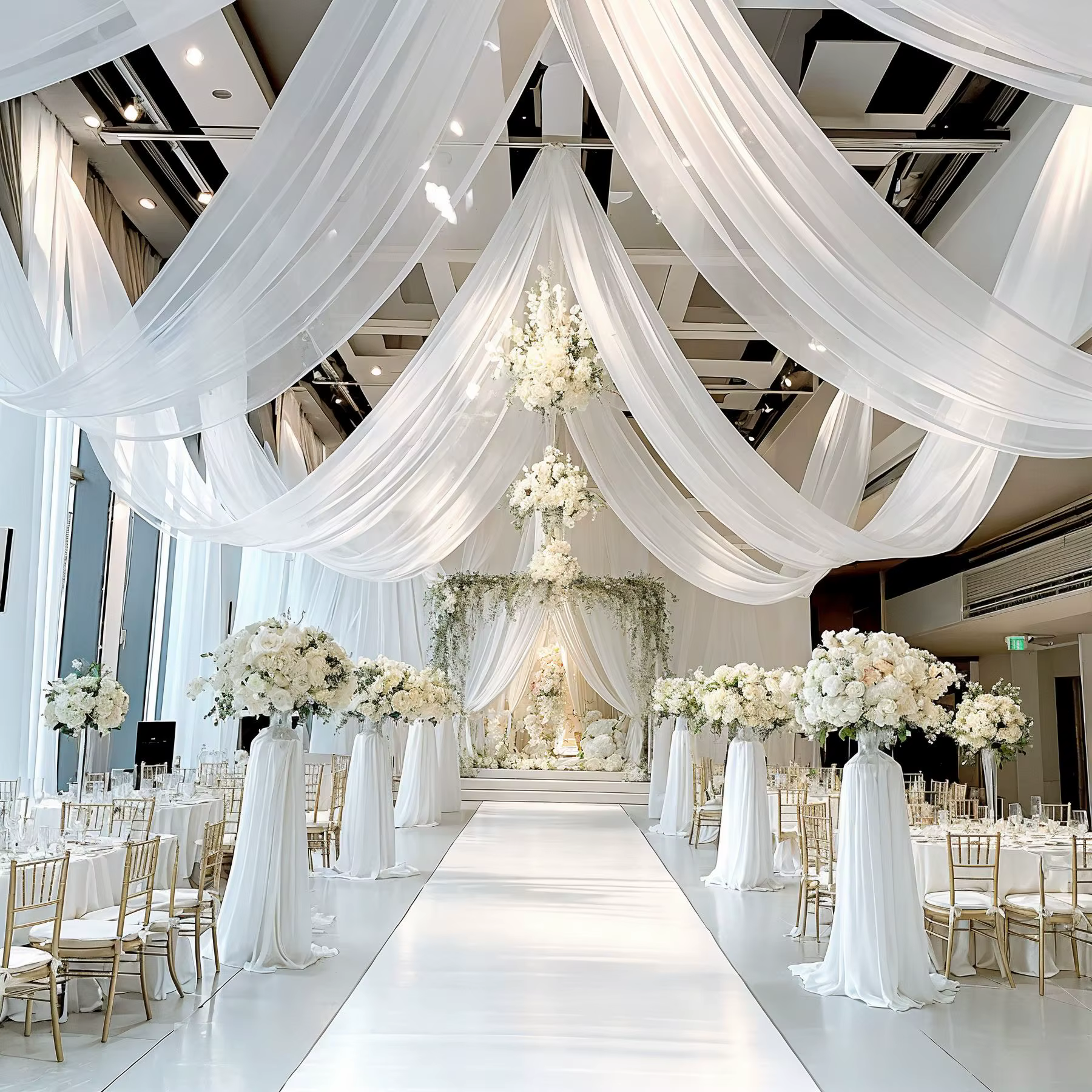 Rideaux de plafond de Mariage blancs 10M, en mousseline de soie brillante, draperies pour Mariage, c