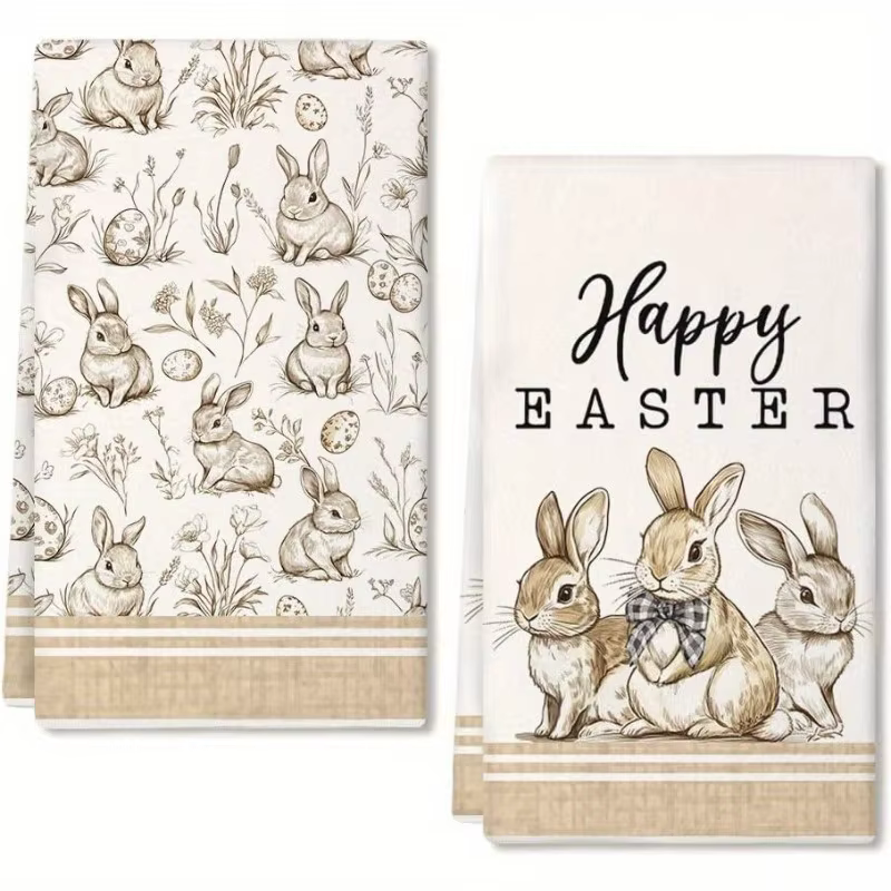 Lot de 2 serviettes de cuisine en forme de lapin beige de Pâques, ensemble de serviettes 40 cm x 60 