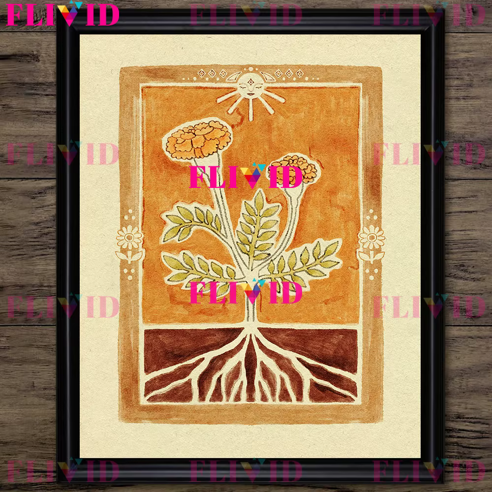 Impression d'art floral de Phase de lune, décor de salle Boho, illustration de fleur terreux, affich