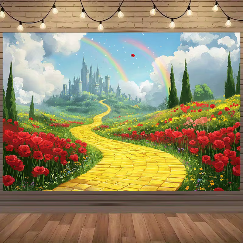 1 morceau de tissu de fond de conte de fées de château magique - coquelicots rouges, chemins de gale