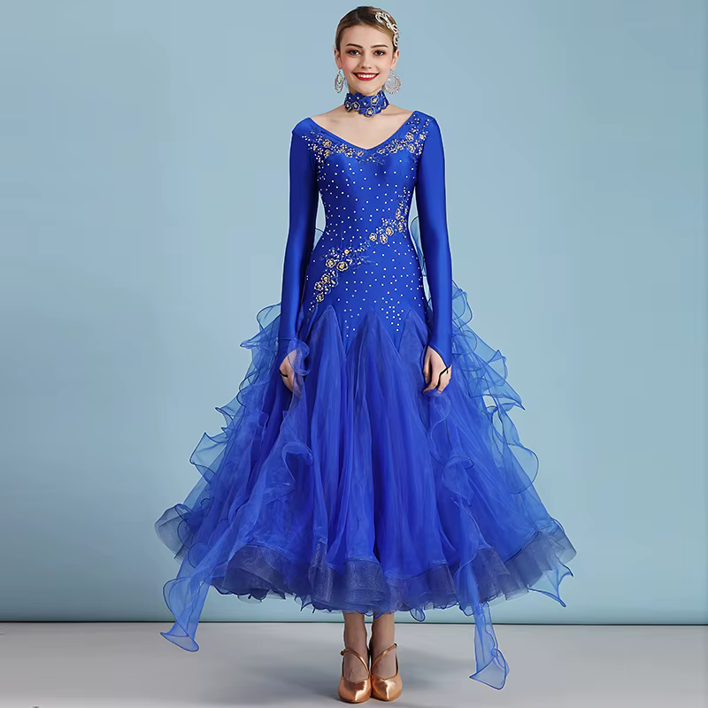 Robe de danse de salon pour femmes, vêtements de danse modernes Standard, manches longues, Costumes 