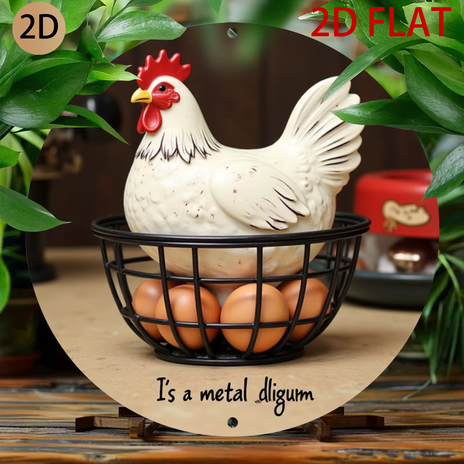 Figurine de poulet en céramique [2D Flat] avec panier en métal noir |   Décoration de cuisine de sty