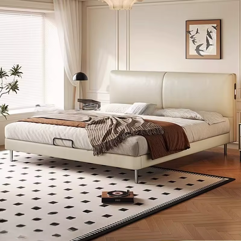 Lit Moderne Tendance pour 2 Personnes avec Tête de Lit en Cuir Pleine Fleur, Lit Queen Size Haut de 