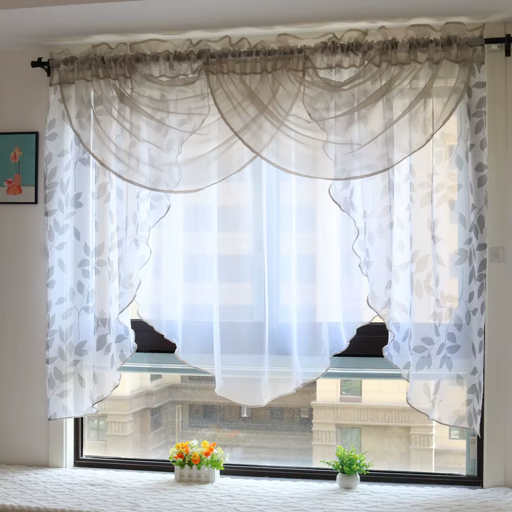 Rideau à cantonnière Double arc, traitements de rideaux de fenêtre en Voile de Style imprimé de feui