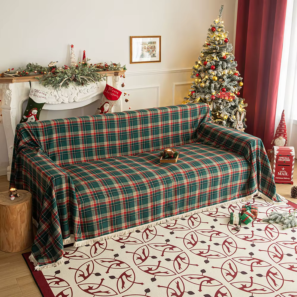 Housse de serviette de canapé à carreaux de noël, couverture décorative multifonctionnelle rétro amé