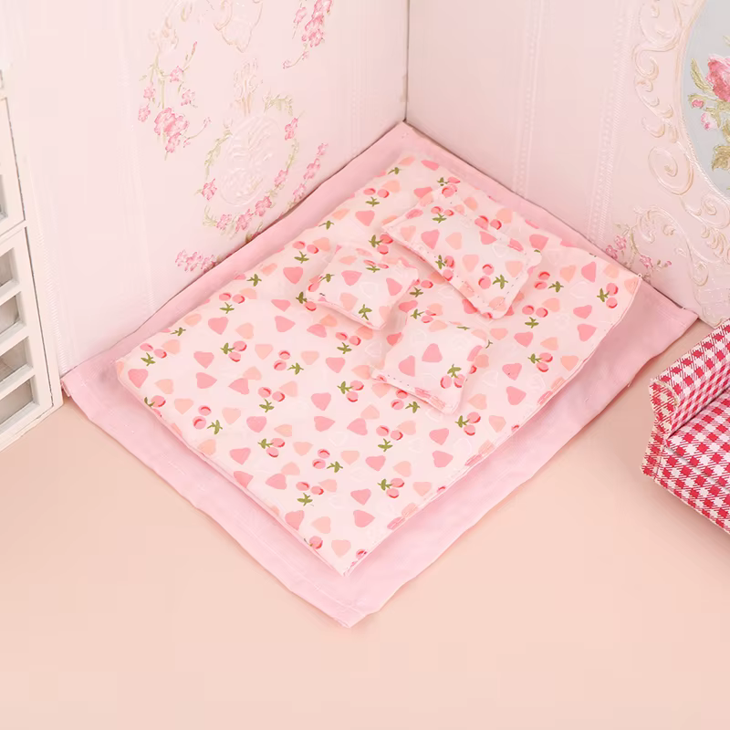 Parure de lit Miniature quatre pièces, drap de lit pour maison de poupée, housse de couette, oreille