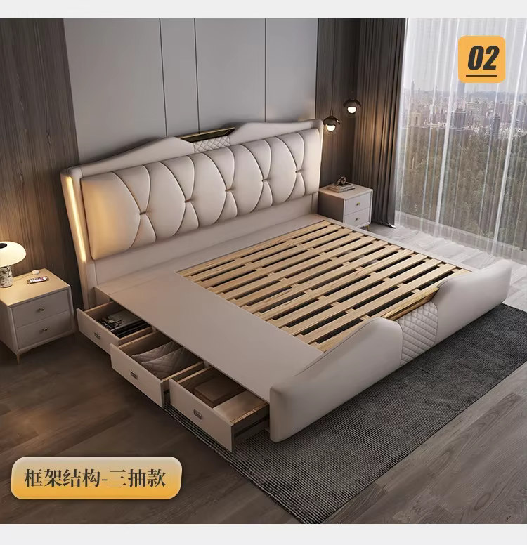 Lit double de luxe 200x220cm avec tête de lit, cadre Queen Size, 3 tiroirs de rangement, pour chambr