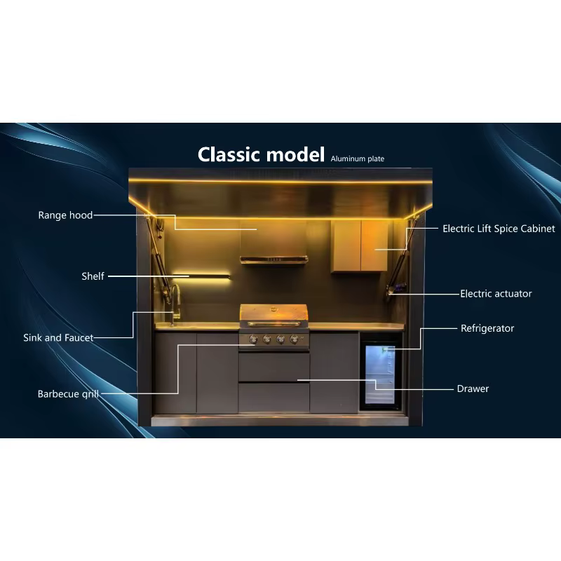 Pavillon de cuisine extérieur modulaire personnalisé, résistant aux intempéries, avec barbecue intég