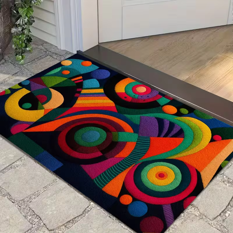 Tapis de style géométrique psychédélique abstrait, en polyester, antidérapant, facile à nettoyer, ad