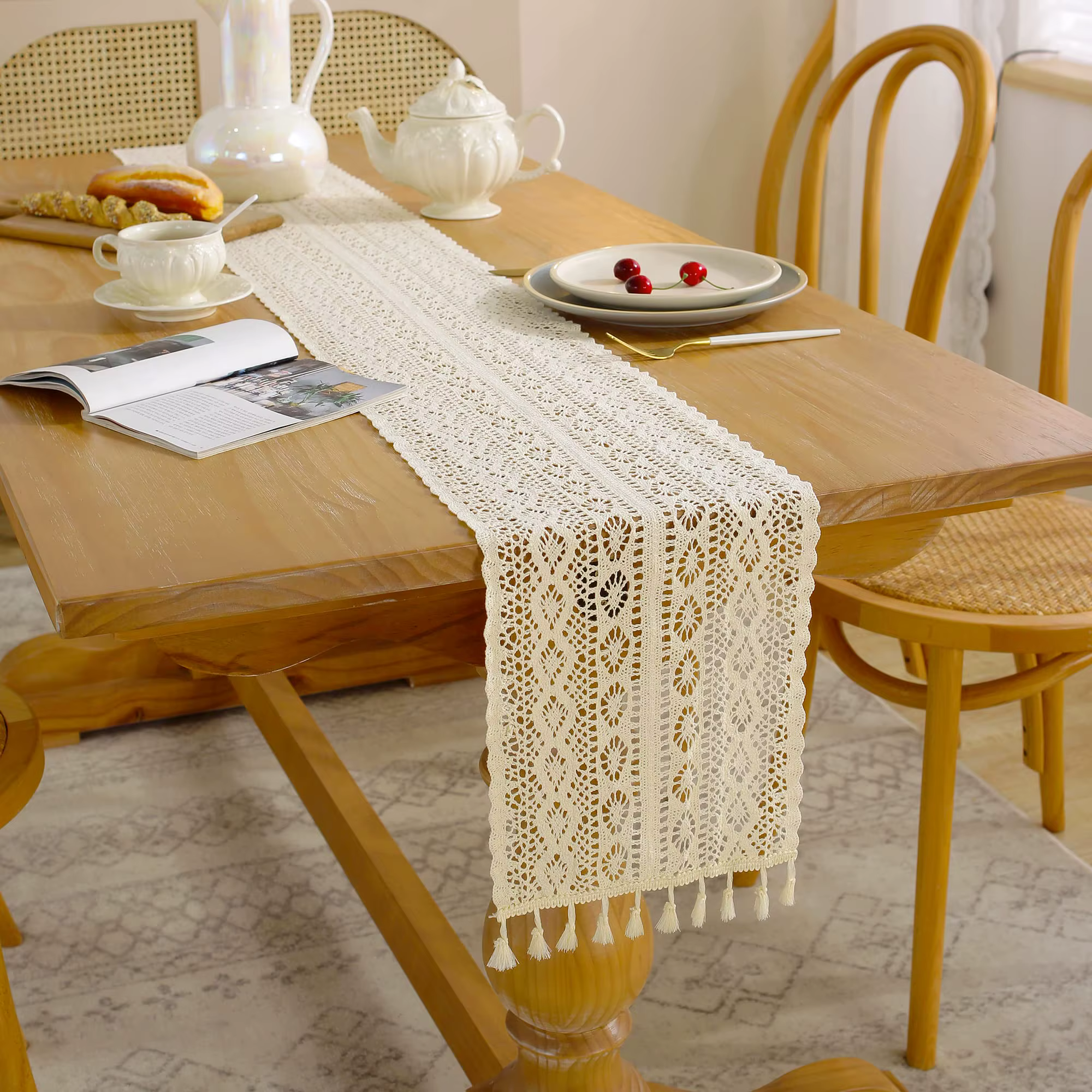 Chemin de table vintage en dentelle de coton, style ferme, bohème, beige, maison, douche des patient
