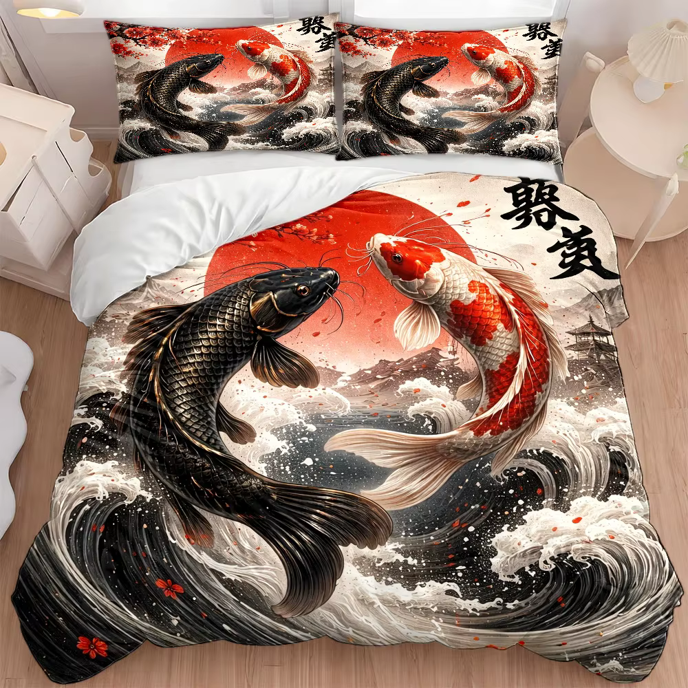 Ensemble de housse de couette à motif vague Koi de style japonais, 3 pièces (1 housse de couette + 2