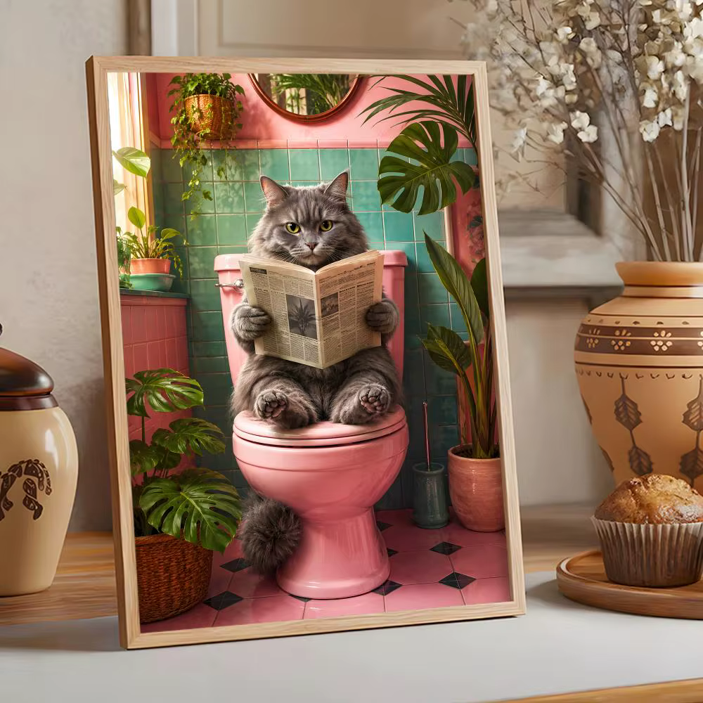 Affiche murale autocollante imperméable avec motif chat de salle de bain lisant sur les toilettes, p