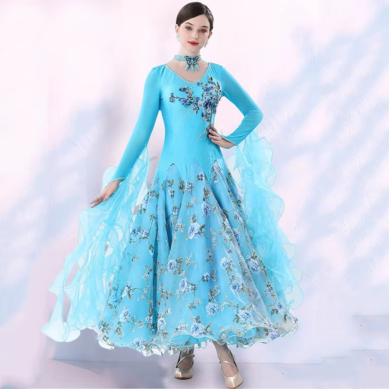 Robe de concours de danse de salon pour femmes, broderie de strass, vêtements de fête de spectacle à