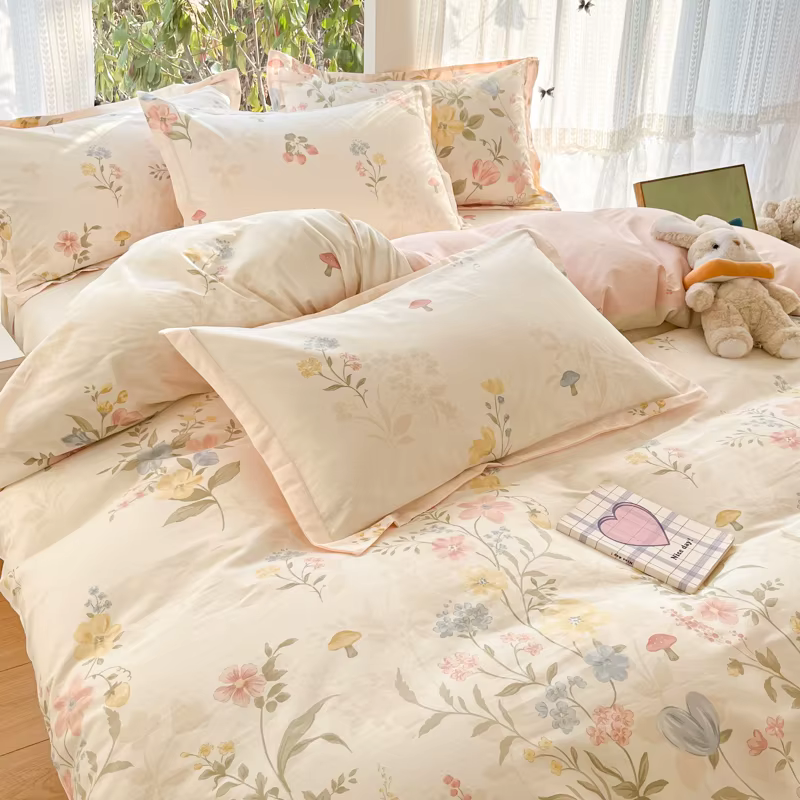 Parure de lit 100 % coton, housse de couette luxueuse à motif floral naturel, taie d'oreiller en pur