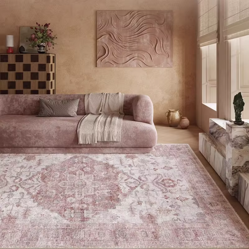 Tapis rose vintage pour salon, style nordique, luxe léger, tapis d'art pour chambre à coucher, lavab