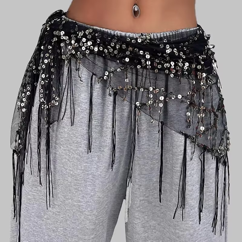 Écharpe de hanche à paillettes pour femmes, chaîne de taille à pampilles or argent pour le ventre, J