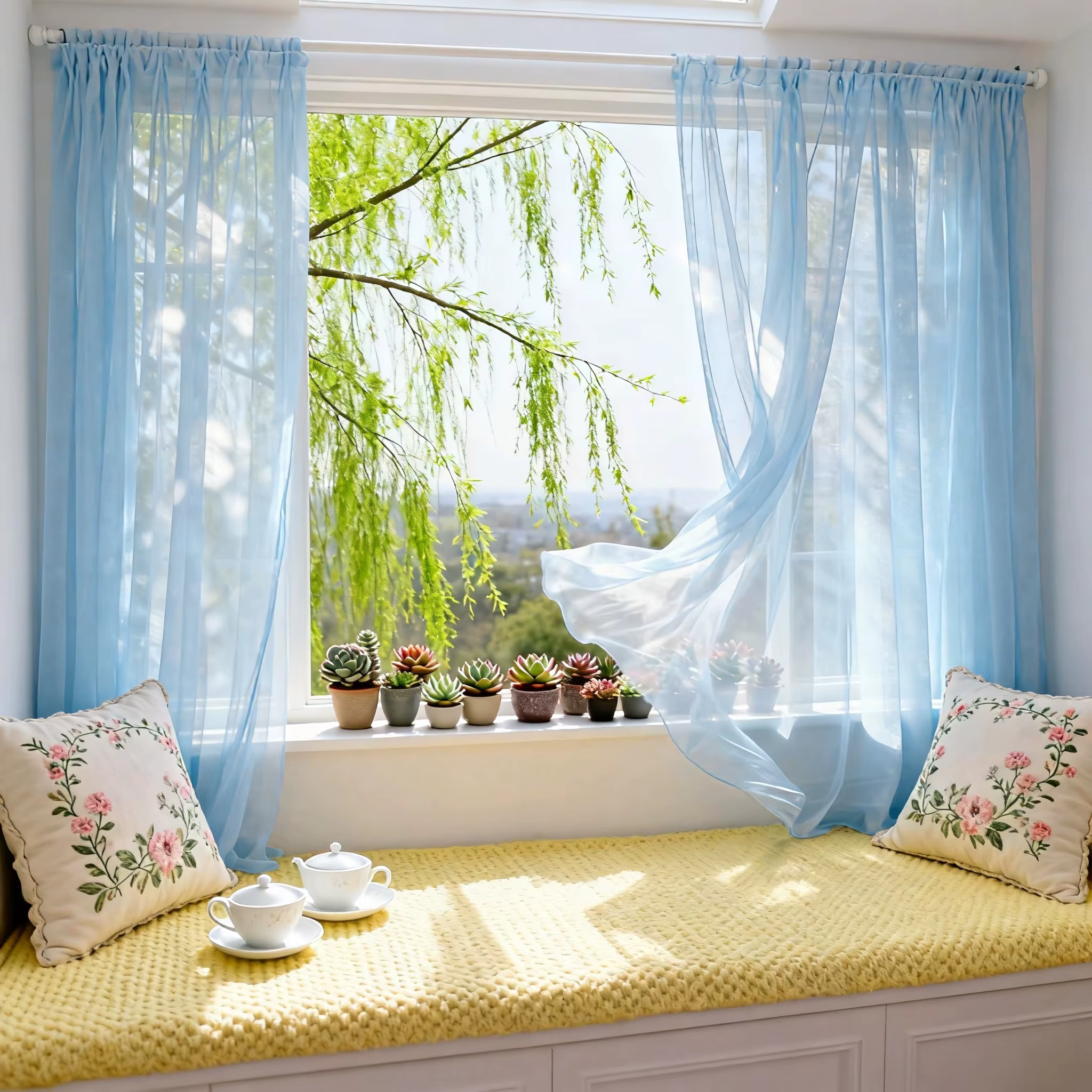 Rideaux en Tulle transparent bleu ciel, rideaux de fenêtre filtrants de lumière de printemps de pâqu