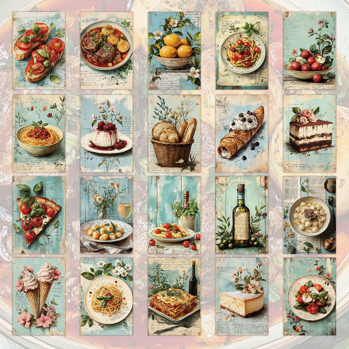 20 cartes postales vintage sur le thème de la cuisine italienne, style bleu esthétique pour scrapboo