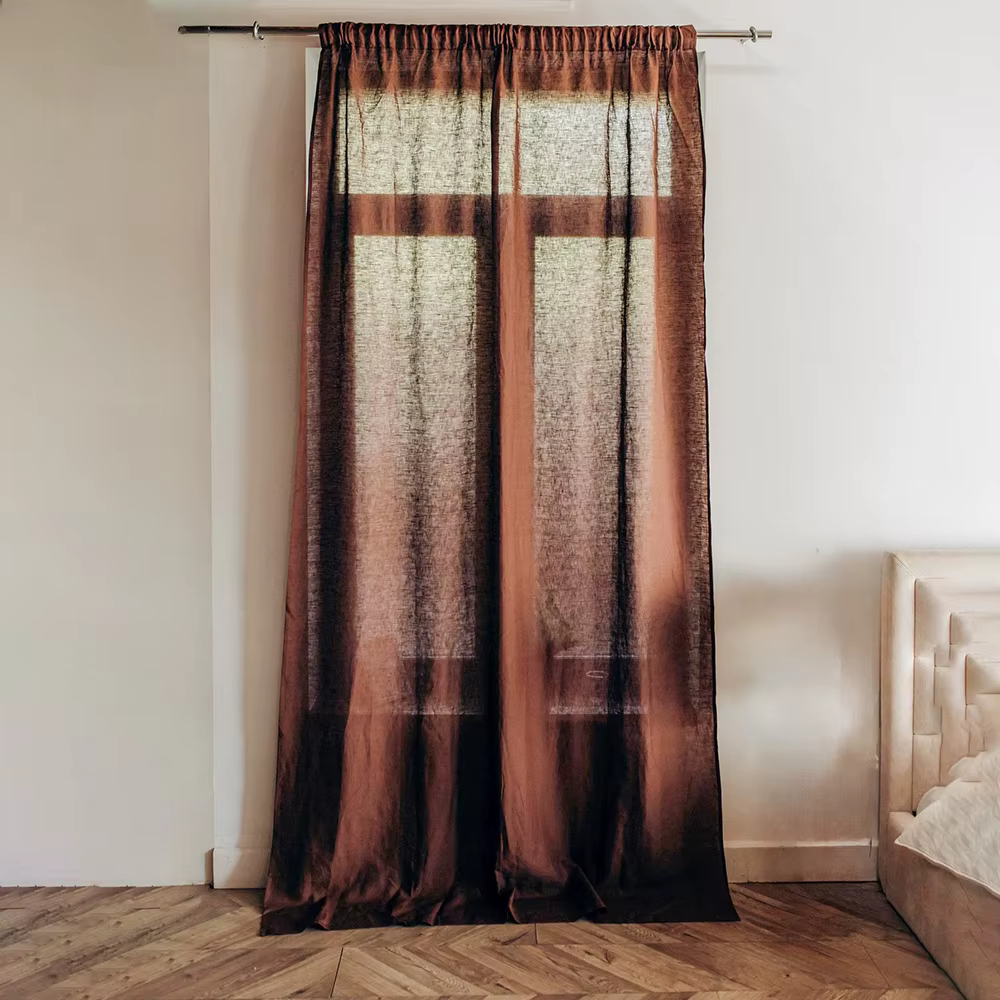 Rideau de fenêtre semi-transparent plissé en lin français lavé, grand format, de luxe, pour maison e