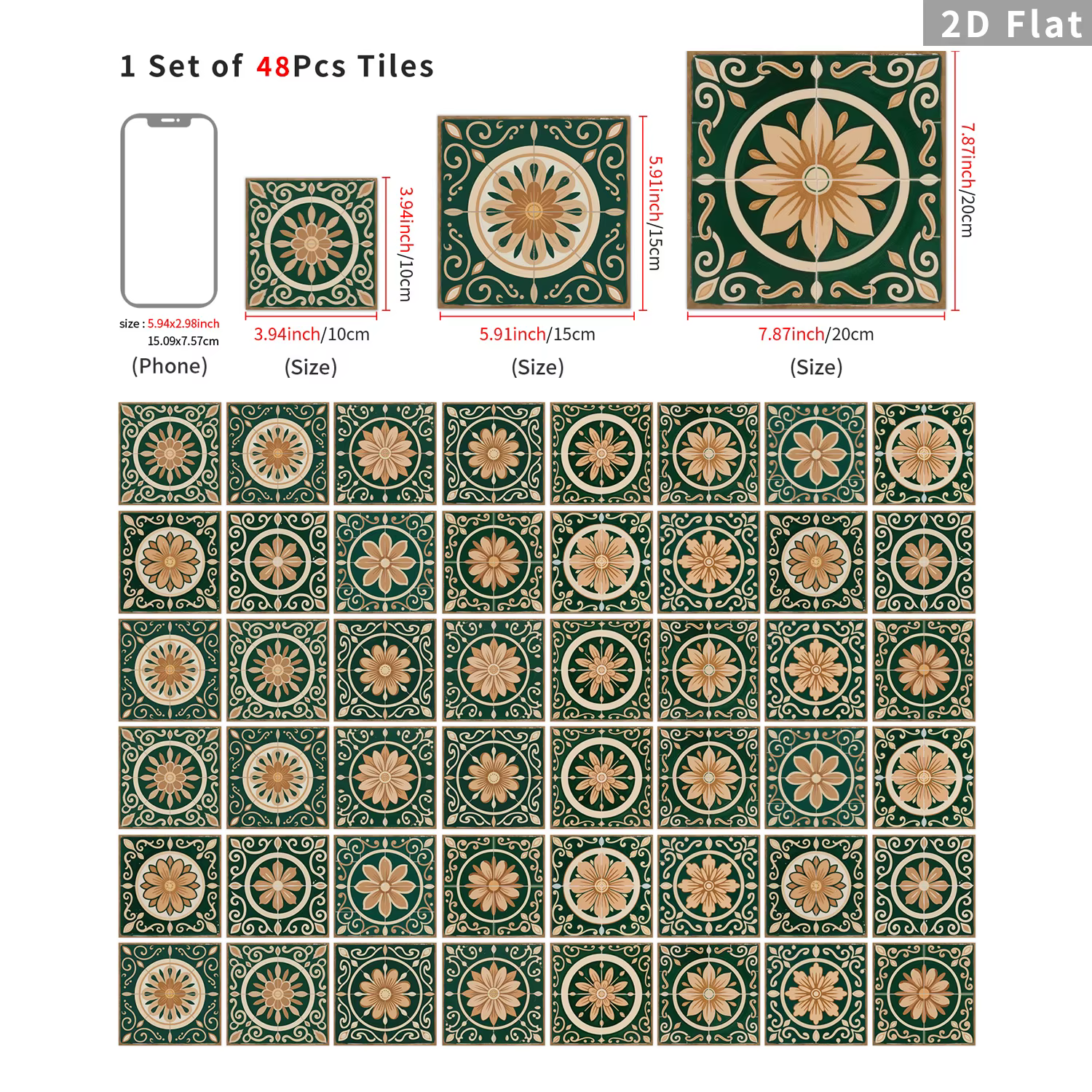 Carreaux floraux rétro marron vert, autocollants de carreaux de céramique, autocollants de décoratio