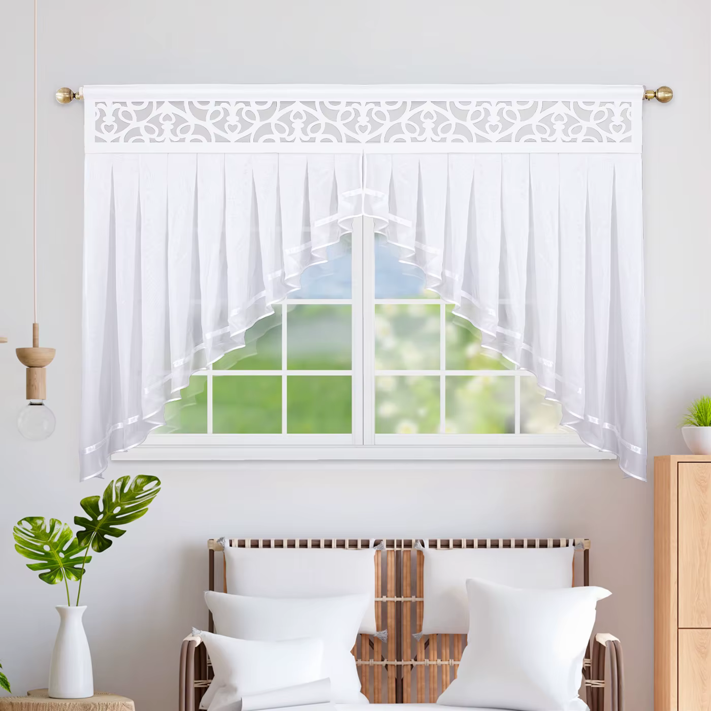 1 rideau blanc transparent avec panneau ajouré, gaze douce et respirante, décoration intérieure conf