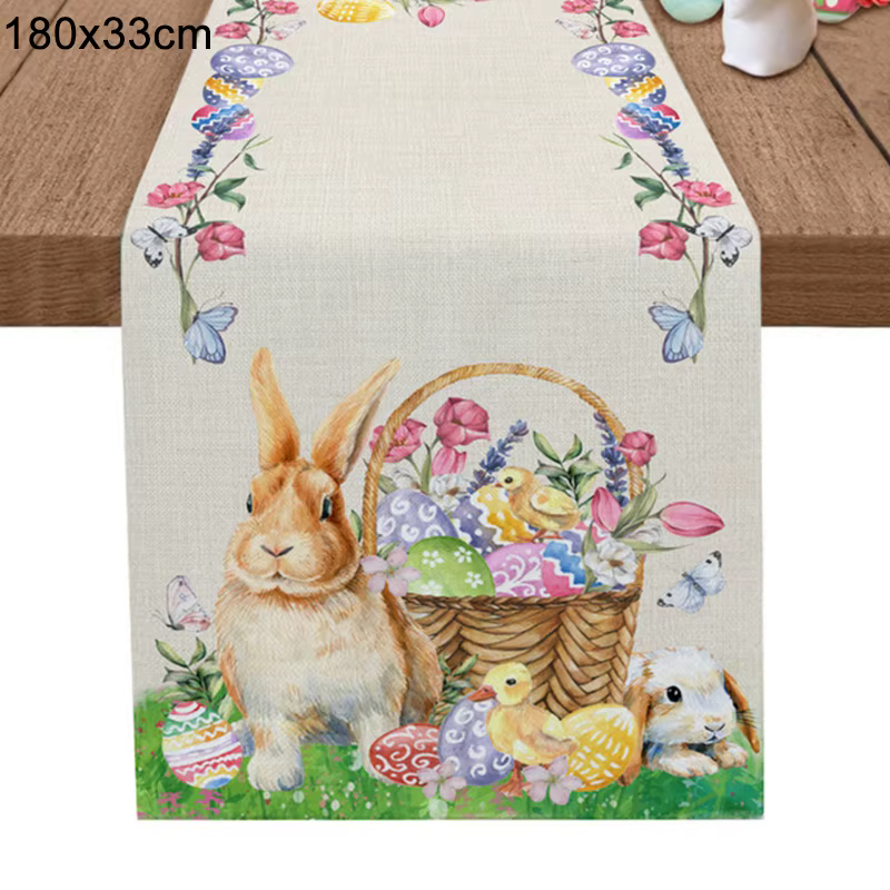 Chemin de table de Pâques en lin avec motif lapin mignon, nappe de table pour le repas, décoration d