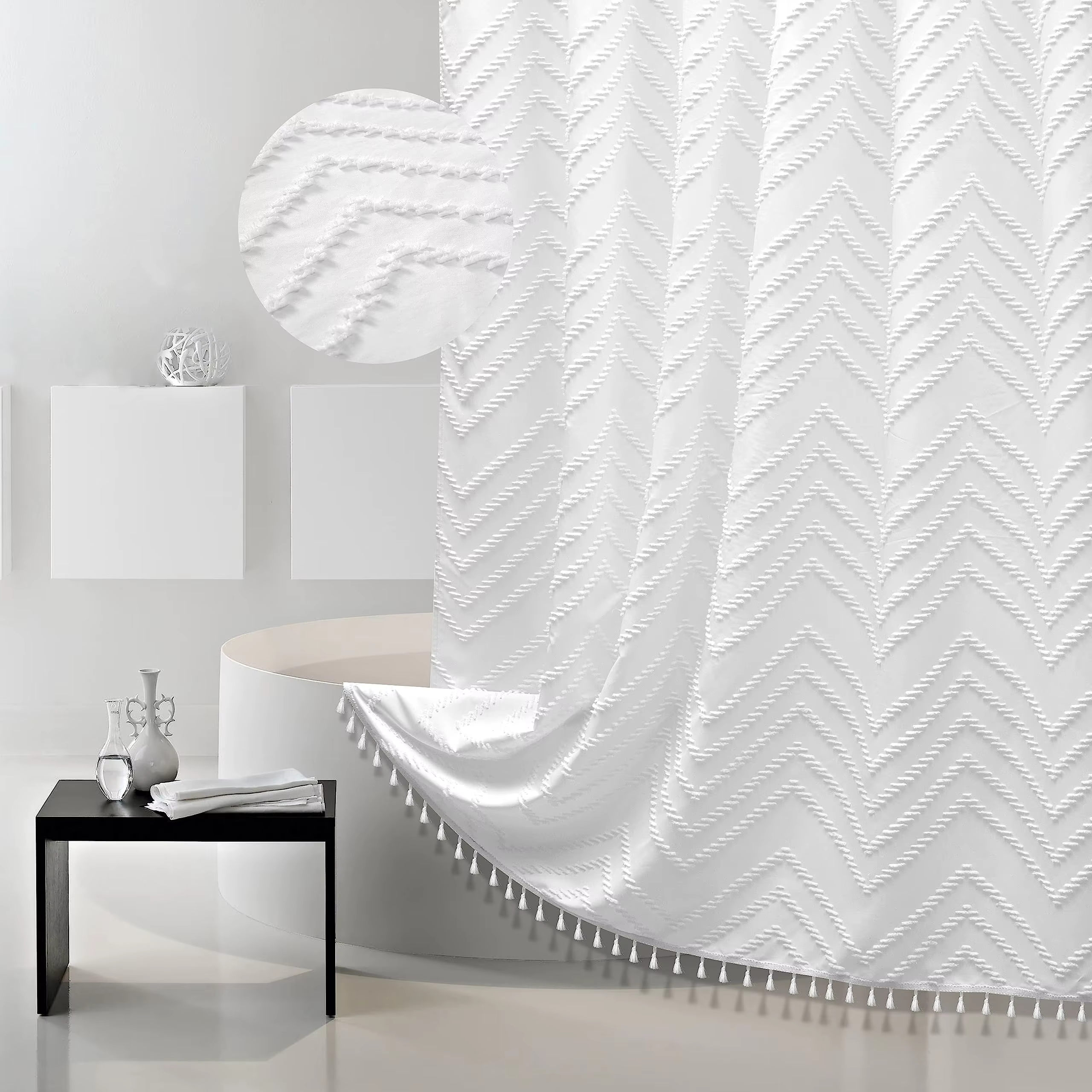 Rideau de douche en tissu tissé avec pampilles, rideaux de salle de bains imperméables avec crochets
