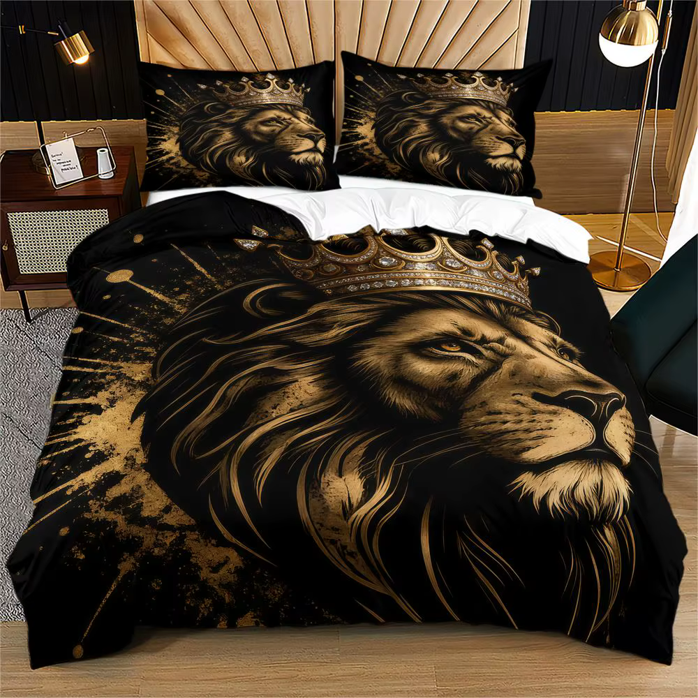 Ensemble de housse de couette imprimée Lion Couronne Dorée, housse de couette, ensemble de literie s