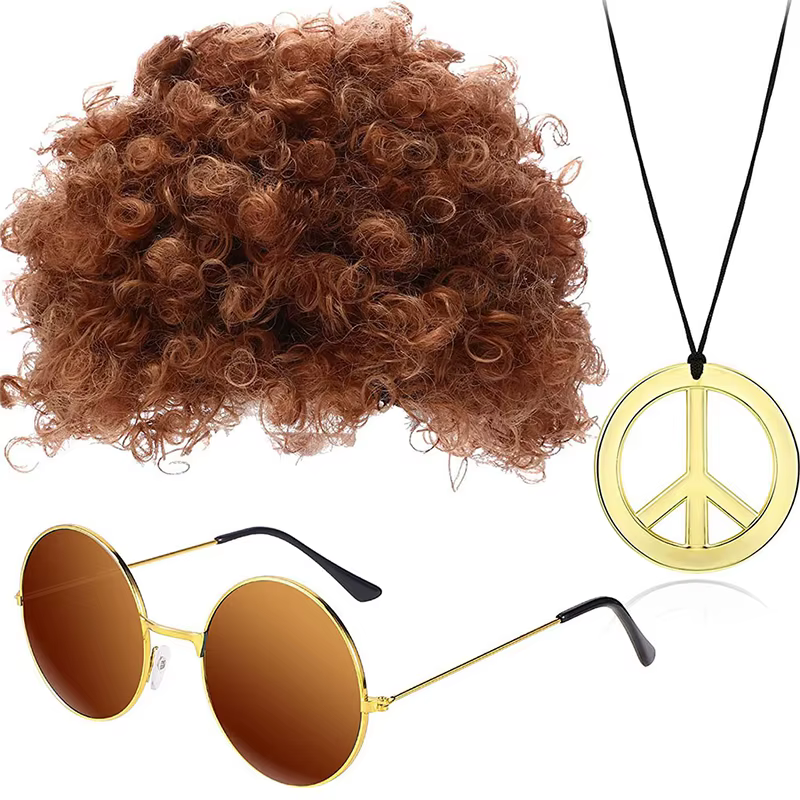 Ensemble d'accessoires hippie des années 60, perruque, lunettes de soleil, collier, collier de paix 