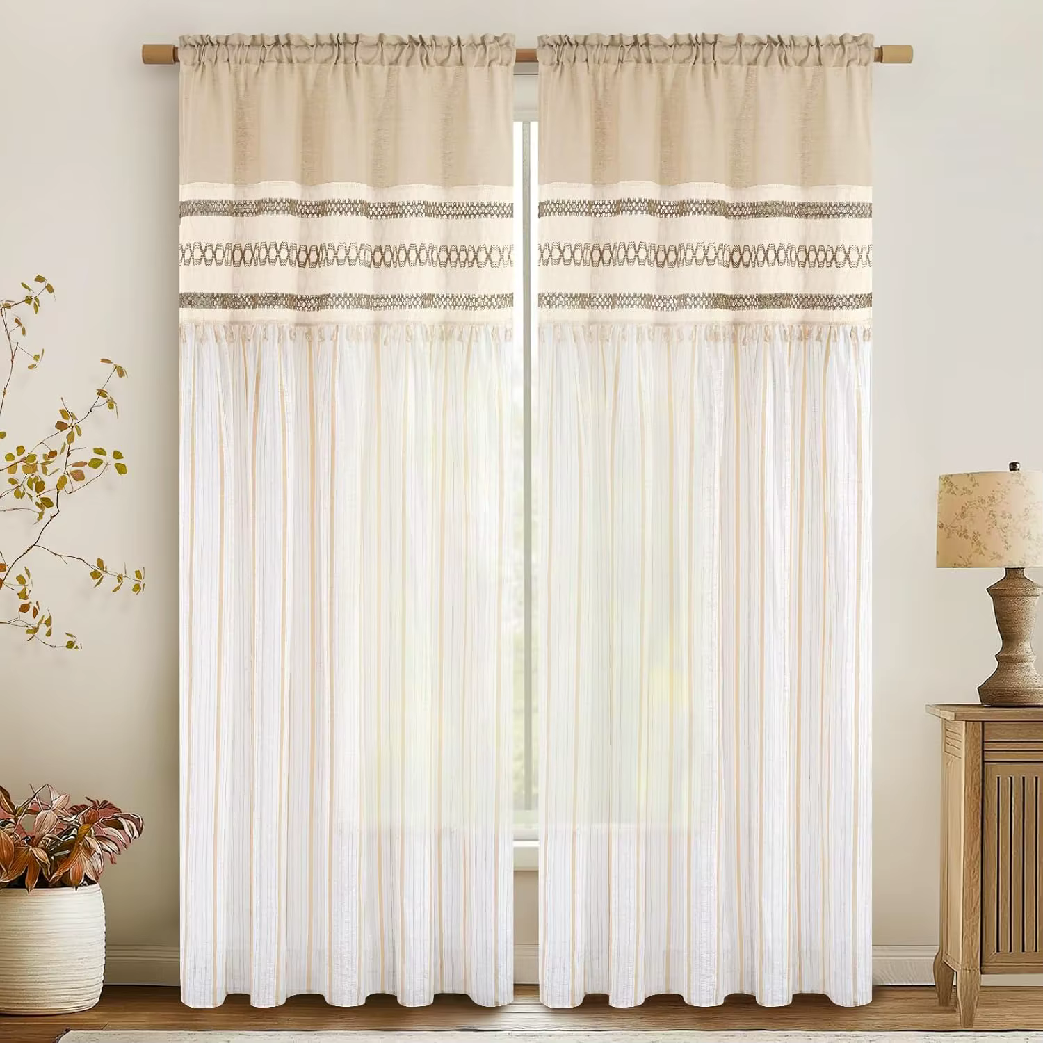 Rideaux aspect lin beige, imprimé texturé naturel pour fenêtre de salon, décoration rustique