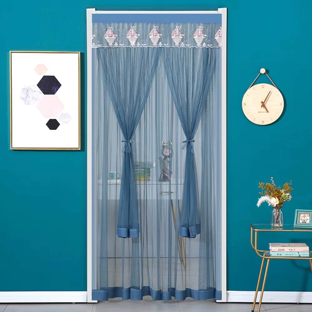 Rideau de porte double couche en dentelle brodée, maille respirante, sans perforation, rideau de sép
