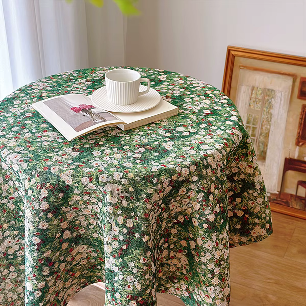 Nappe de prairie verte Jacquard avec bords roulés, adaptée à la décoration d'ambiance de la maison d