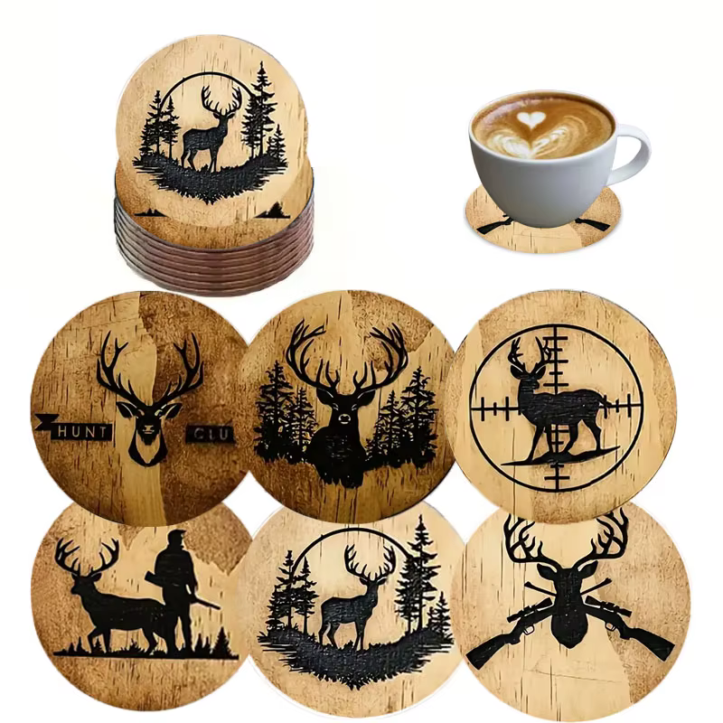 Ensemble de 6 sous-verres et patins antidérapants en bois imprimés sur le thème des cerfs, idéal pou
