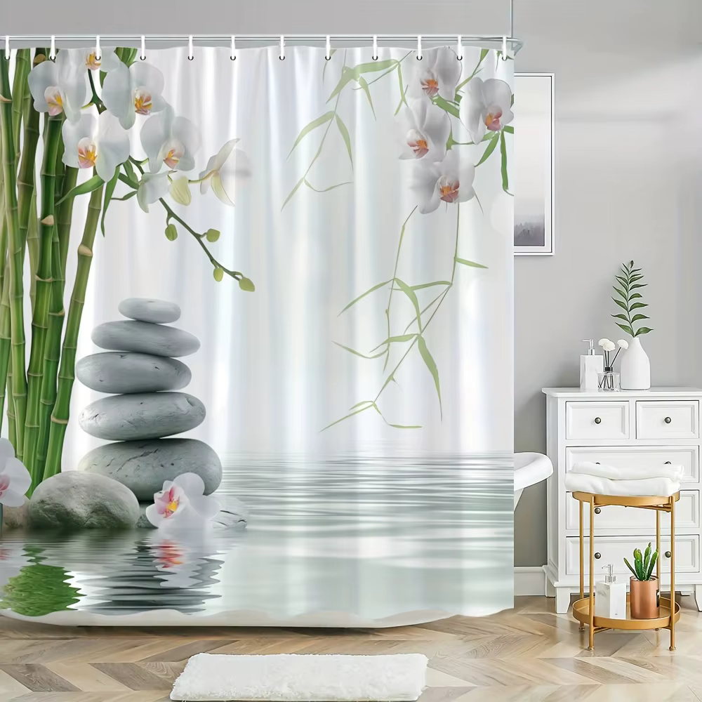 Rideau de douche imperméable avec un design inspiré par Zen avec des pierres empilées en bambou et d