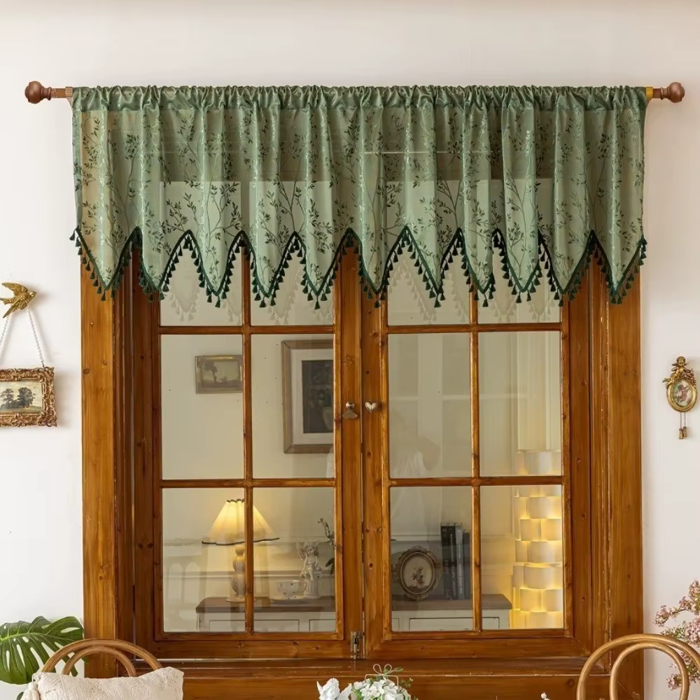 Rideaux de fenêtre en tulle style rustique pour l'été, avec bordure triangulaire à franges, en dente