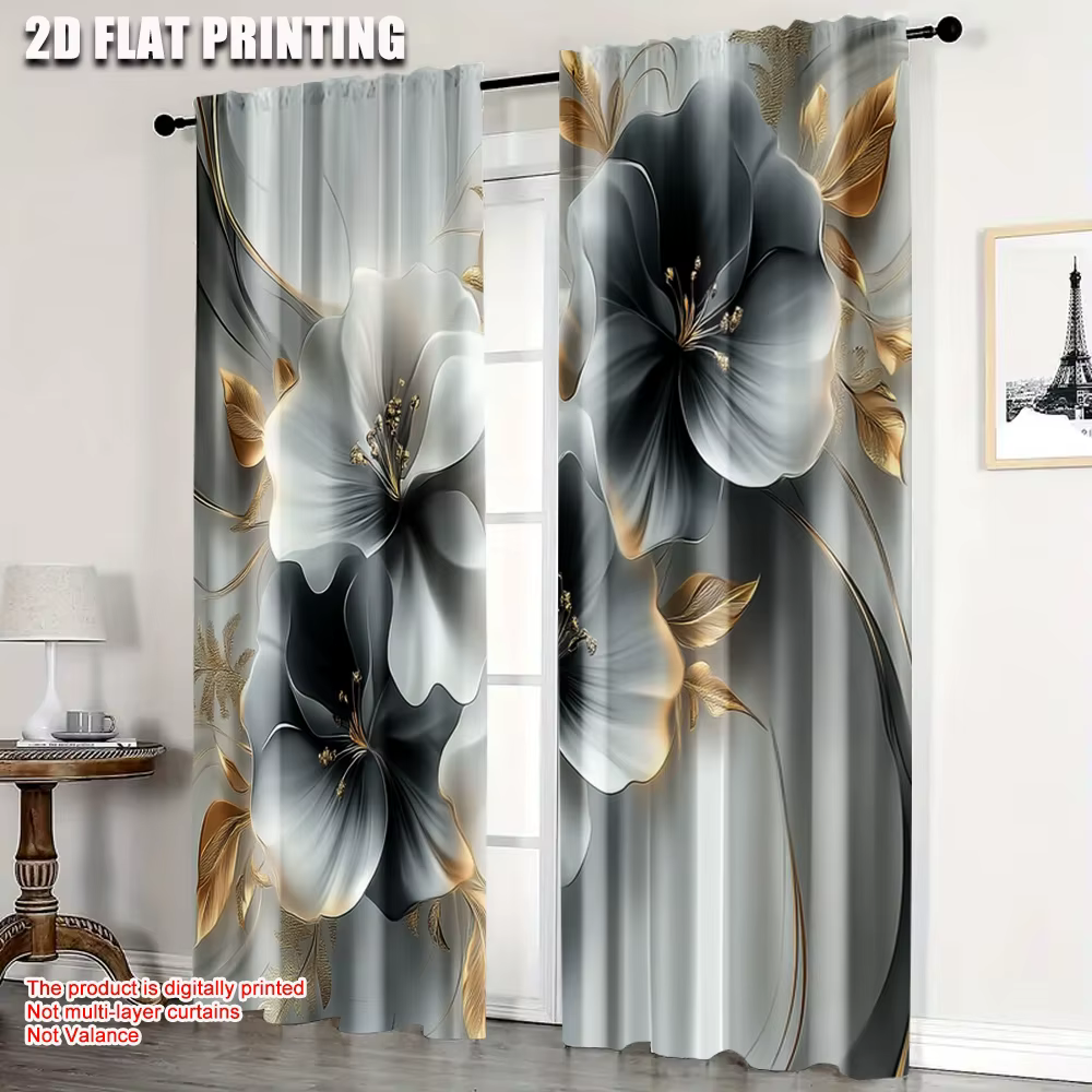 2 pièces, rideaux minimalistes impression 2D polyester polyvalent à fleurs contemporaines (sans tige