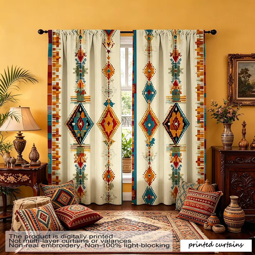 Ensemble de 2 rideaux imprimés à rayures géométriques plates 2D, en tissu polyester léger avec un de