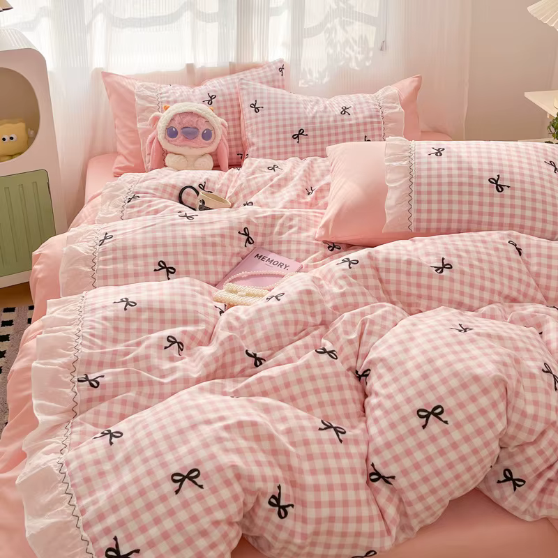 Parure de lit rose style coréen avec nœud, nouvelle collection 2026, pour lits simples, doubles et q