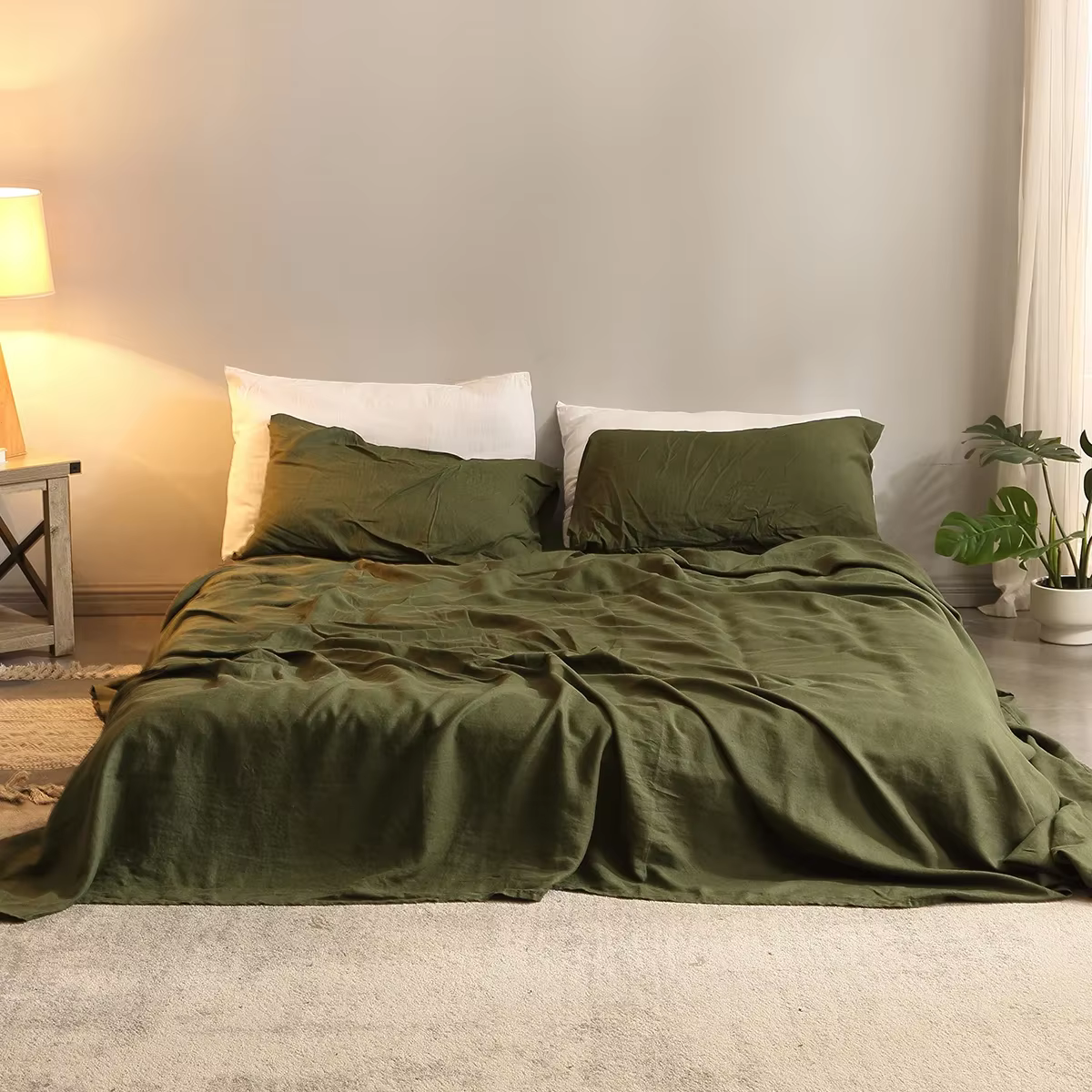 Parure de lit en lin 100% pur, 4 pièces, 1 drap plat, 1 drap-housse à poche profonde, 2 taies d'orei