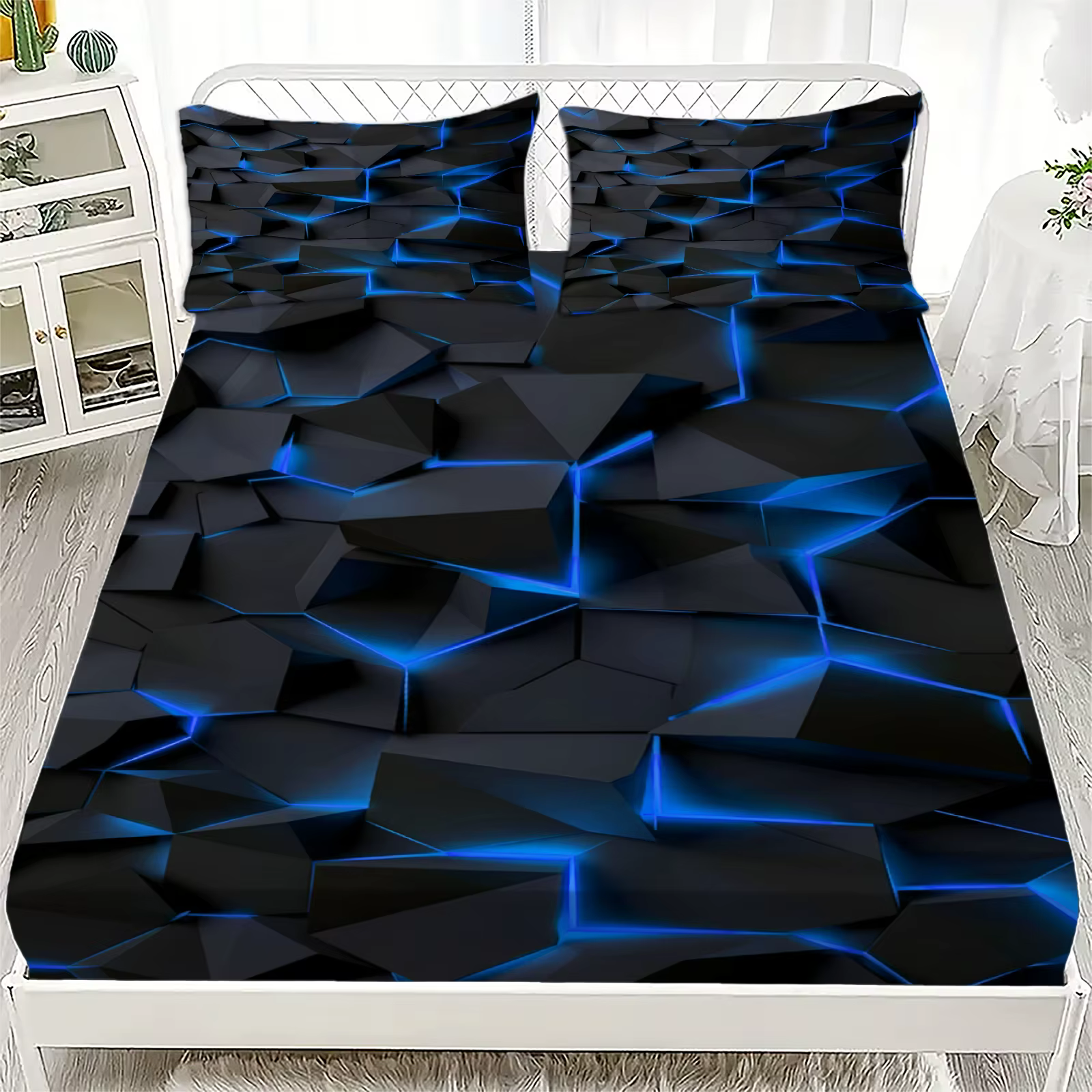 Ensemble de 3 draps-housses imprimés géométrie visuelle effet vertiges, 100 % polyester respirant, p
