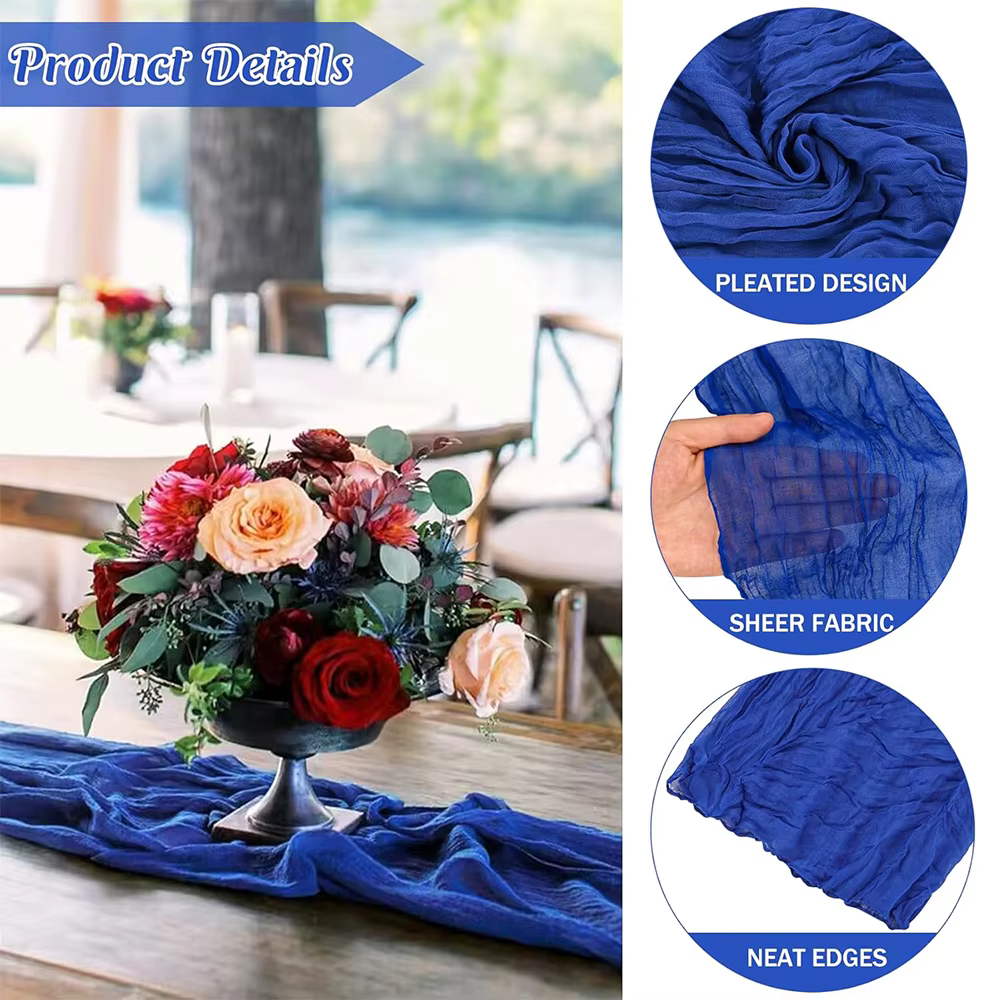 Chemin de table en gaze de coton bleu roi, style bohème rustique, pour décoration de mariage, fête, 