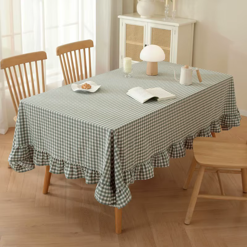 Nappe en coton lavé à carreaux avec bords à volants, bleue, ronde et rectangulaire, pour la décorati