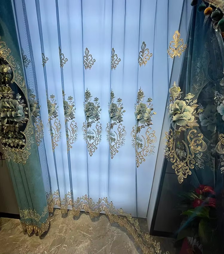 Rideaux de luxe européens pour salon salle à manger, Chenille épaisse de luxe en tulle brodé bleu, c