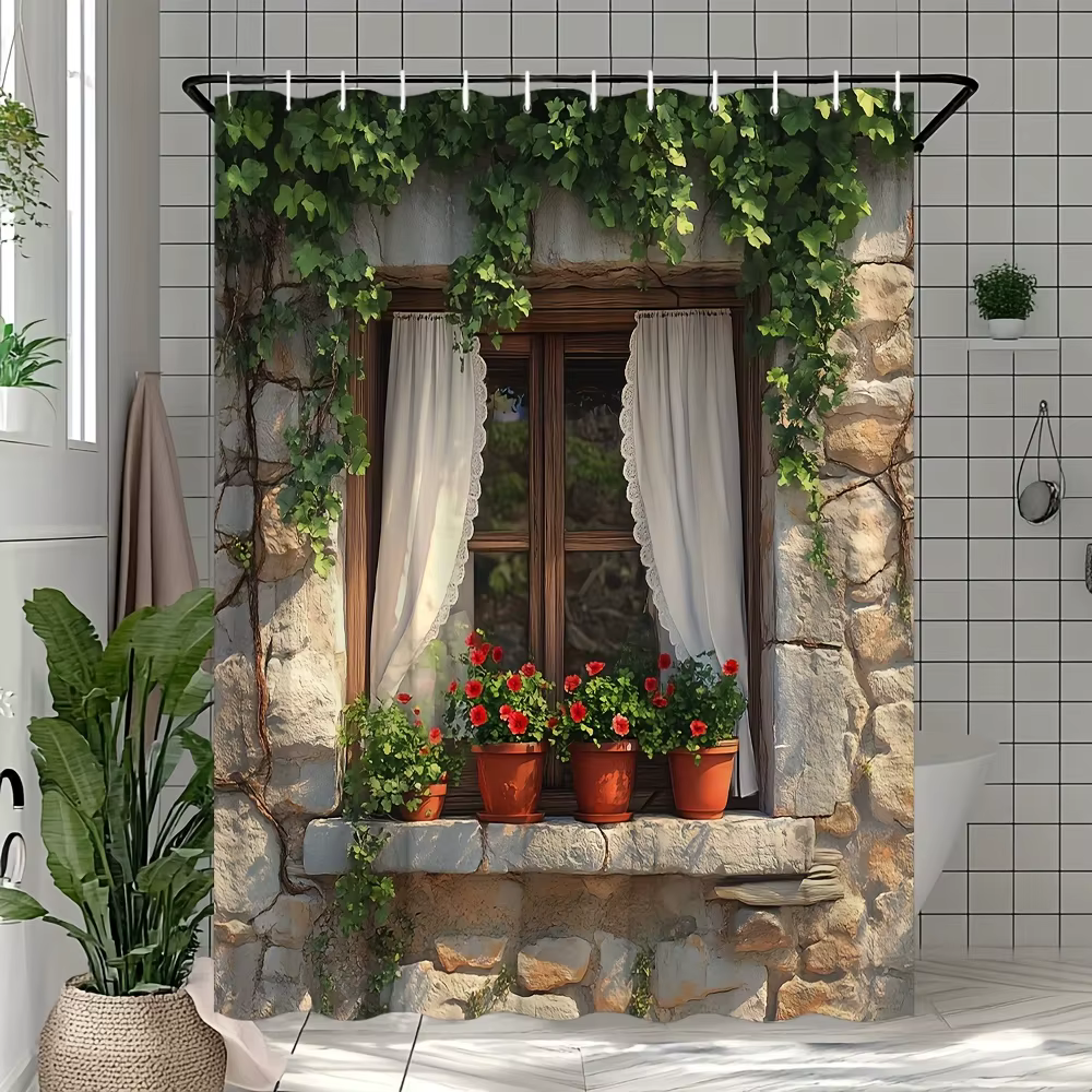 Apportez la nature à l'intérieur avec ce rideau de douche étanche avec une scène de fenêtre rustique