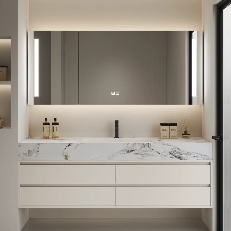 Ensemble de meuble-lavabo de salle de bain moderne et simple avec dessus en pierre frittée intégré s