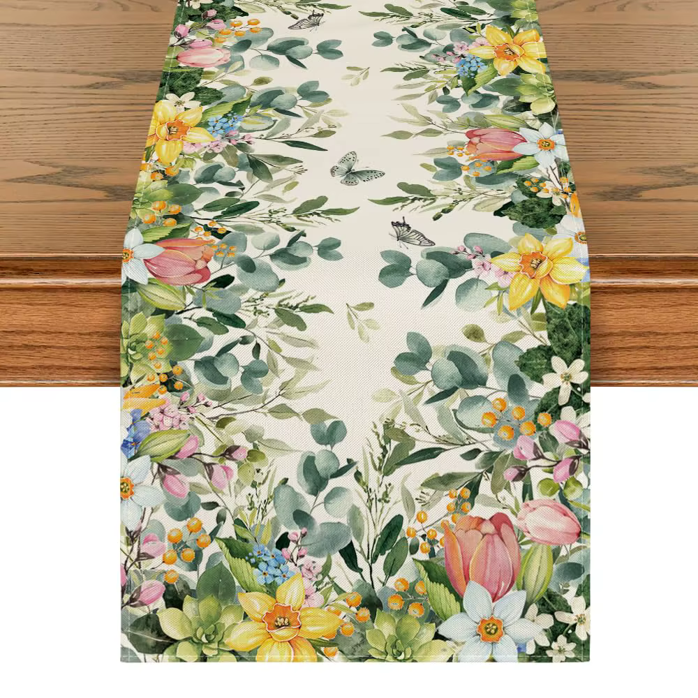 Chemin de table printanier à motif fleurs d'eucalyptus, décoration saisonnière estivale pour table d
